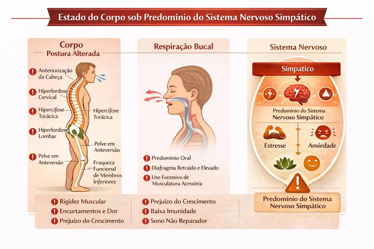 Ilustração das consequências da respiração bucal na saúde e postura