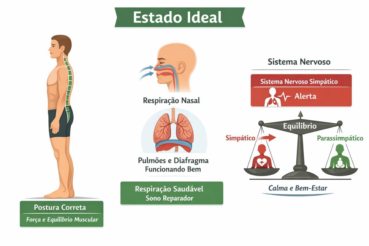Estado Ideal: Postura Correta, Respiração Nasal e Equilíbrio entre Sistema Simpático e Parassimpático