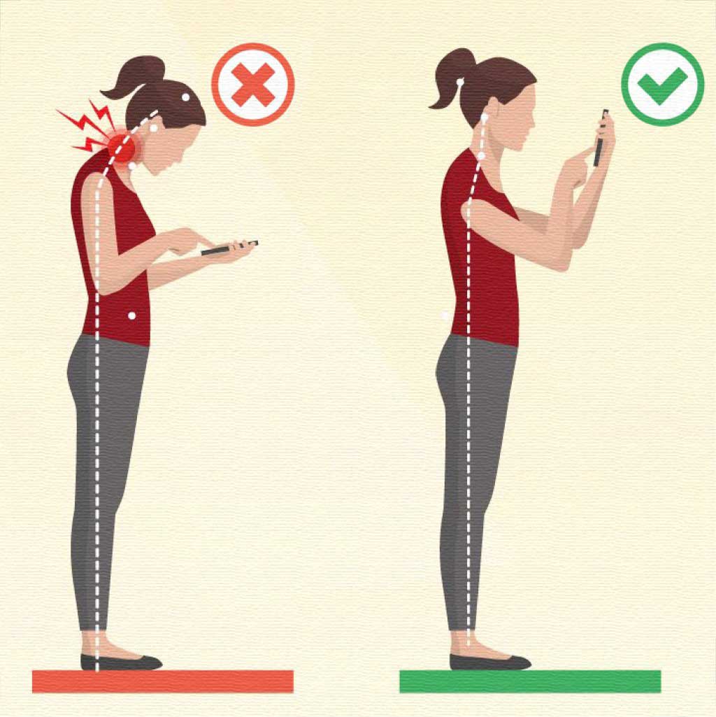 Imagem Ilustrativa de Postura Errada e Postura Correta usando Celular